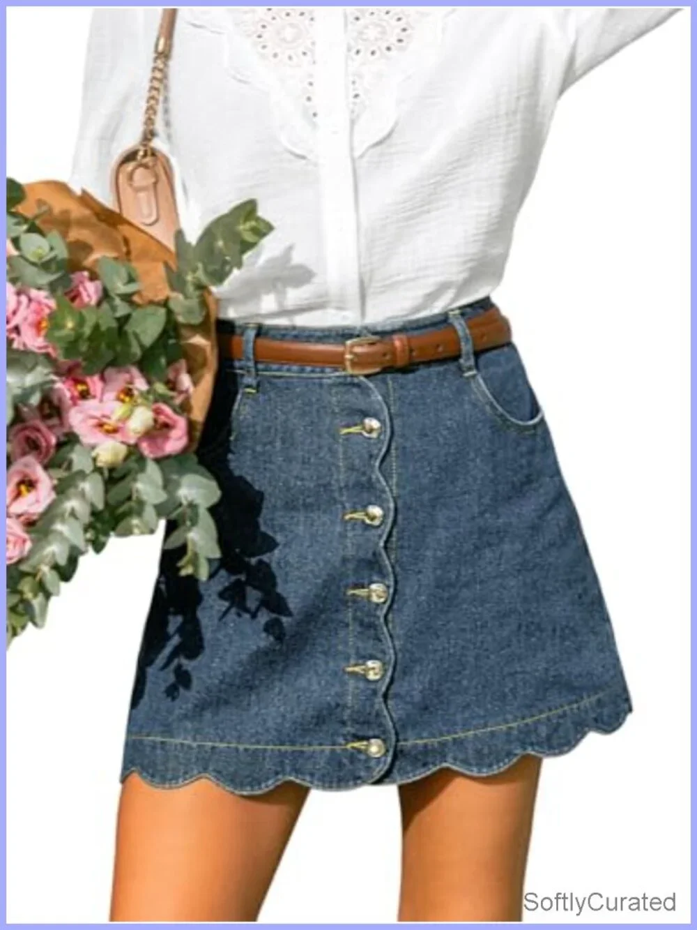 CUPSHE Denim Mini Skirt High Rise A-Line Scalloped Button Front Retro Chic